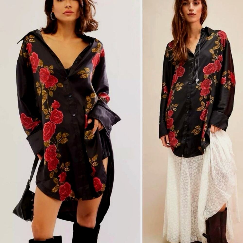 Free People Off The Vine Satin Tunic Shirt Dress Roses Whimsygoth Fairy Boho XL
